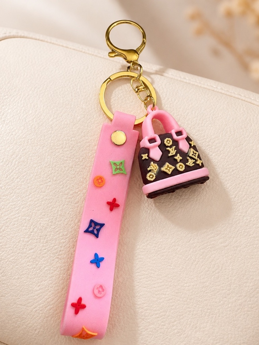 LV Pink Mini Bag Charm Key Holder with Gold Accents